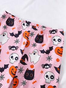 Conjunto de pijama de 2 piezas para niñas con estampado de calabaza y fantasma, de punto elástico, cómodo y suave, de cuello redondo y manga corta