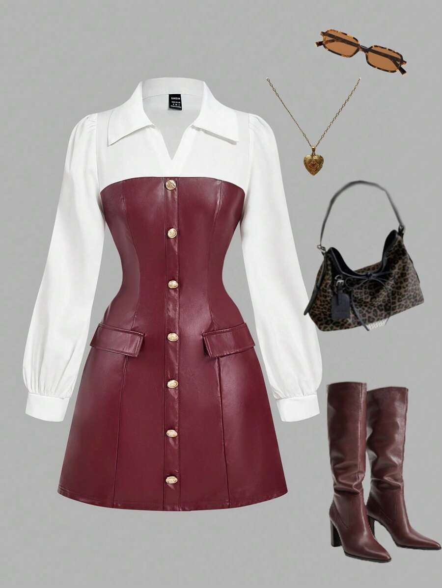 SHEIN MOD 女士长袖时尚酒红色PU衬衫裙，酒红色皮裙，返校季，派对装扮，职业装，万圣节服装，秋冬女装，正式礼服，复古风格服装，优雅服饰 - 酒紅色 - 查看 1