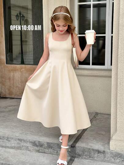 SHEIN 青少年女孩休闲纯色梭织背心裙