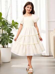 Vestido De Manga Corta Acampanado De Color Liso Para Niñas Preadolescentes - Albaricoque - Ver 5