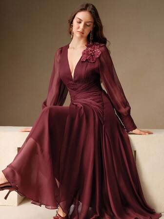 Anewsta Women's New Burgundy Long Sleeve Pleated Elegant A-Line Dress, Chic Street Style For Concerts