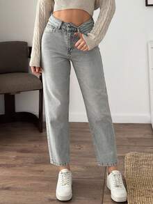 EURMUSE Quần Jeans Ống côn Túi Cạp Cao Cho Nữ Thường Ngày - Xám - Xem 5