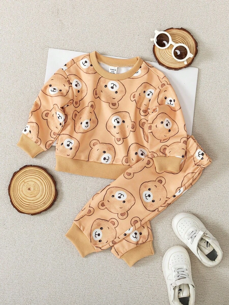 2 件套婴儿服装套装 - 圆领运动衫和裤子，适合日常穿着和休闲 - 卡其色 - 查看 1