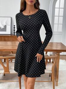 Miaspire Women's Casual Commuter Polka Dot Print Mini Dress,Fall - Black - View 5