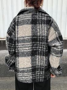 FRIFUL Women's Plaid Warm Drop Shoulder Casual Zip-Up Jacket Oversized Jacket Plaid Jacket Winter Coat Grey Jacket Checkered Jacket