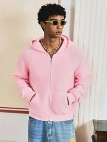SWAVVY Men's Stylish Solid Color Zip-Up Hooded Cardigan, Autumn, For Fall Winter - Pink - View 3