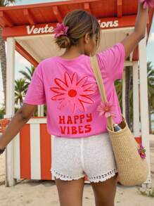 DrmWander Camiseta gráfica casual para mujer, camiseta de manga corta de estilo callejero, top de verano lindo, vibra de vacaciones, acento rojo