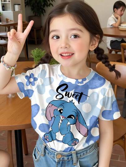 SHEIN Kawaii Cute Cartoon Blue Rabbit Lulu & Stitch Pattern, Blue Ombre Floral, Young Girl Casual Minimalist Round Neck Short Sleeve T-Shirt, Suitable For Summer, Vacay Vibes, Sunny Journey, Casual Outfits Spring, Summer Getaway, Family Moments, Cute Y2K Coconut Girl Boho Vacation Spring Break Brunch-Ready Baby Blue Girls Trip, Neon Beach Vibes, Bohemian Hippie Music Festival
