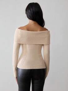 Chiquease Off Shoulder Chain Metal Design Long Sleeve Sweater, Fashionable - Apricot - View 2