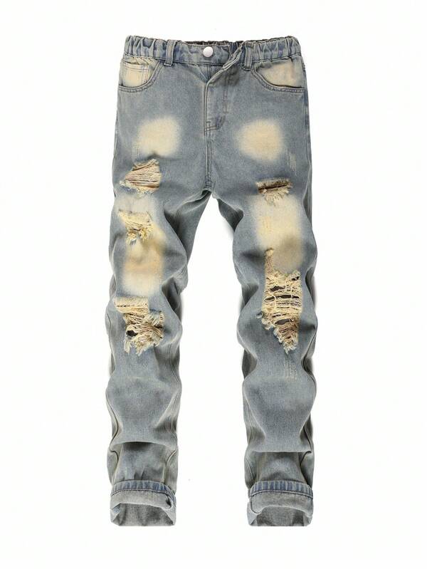 Tween Boy New Vintage Washed Loose Asymmetrical Distressed Design Light Blue Straight Leg Jeans, Versatile Casual Pants Suitable For Outdoor, Indoor And Leisure Wear Chic For Autumn/Winter
