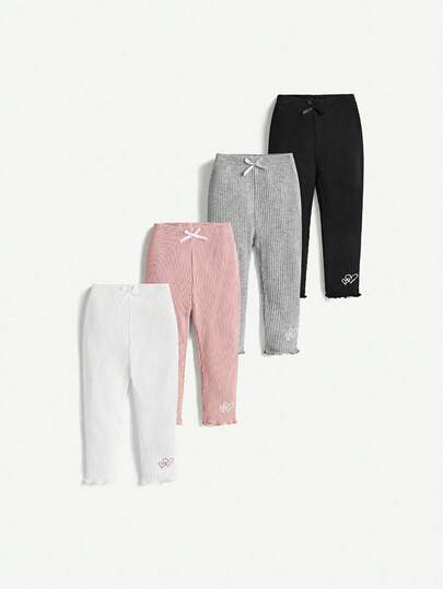 Cozy Pixies 4件套女婴纯色蝴蝶结荷叶边打底裤套装，女婴运动裤，女婴打底裤，纯棉夏季套装，适合2岁女童，3件装，秋冬季