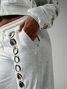 Missguided x Playboy Pantalones palazzo de pierna ancha con detalle de ojal, cintura alta, ropa de estar en casa, casual, estilo festival, estética, corte holgado, cómodo para el invierno y el otoño - Gris Claro - Ver 4