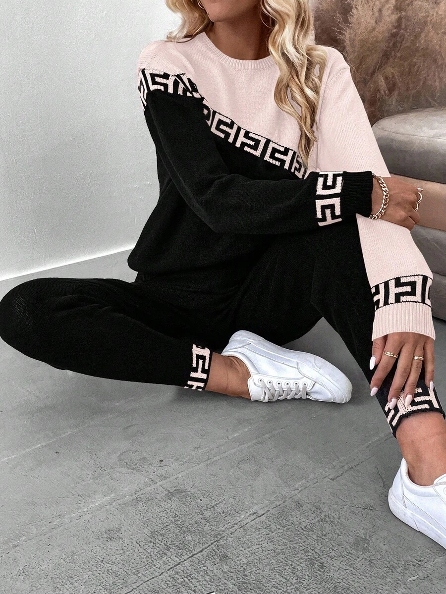 EMERY ROSE Women's Geometric Pattern Contrast Color Long Sleeve Sweater And Knit Pants Casual 2 Pieces Set, Autumn Tracksuit Women Set Long Sleeve Sets Women Women Jogger Sets Comfy Sets For Women Women 2 Pieces Sets