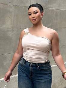 Firerie Áo cánh kim loại nhún bèo, trang trí giản dị, thanh lịch, đi biển, cỡ lớn cho nữ, mùa xuân/hè - Màu be - Xem 6