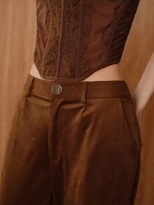 Almamuse Calça Casual Feminina com Botão de Metal e Abertura Frontal Perna Larga