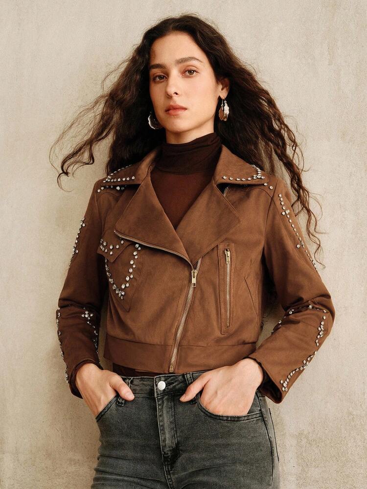 レトロシック 秋冬 レディース ショート ブラウンスエード ジップアップジャケット スタッズ襟付き