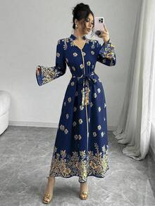 Chiquease Printed Stand Collar Long Sleeve Elegant Casual Long Dress For Women Maxi Women Outfit Fall Cloth For Women