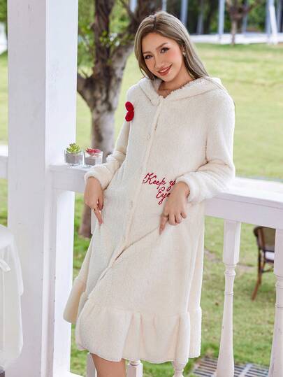 Double Sided Coral Fleece Hooded Robe Long Pajama Dress Pyjama Women Night Gown Fluffy Ochtendjas Oversized view 5