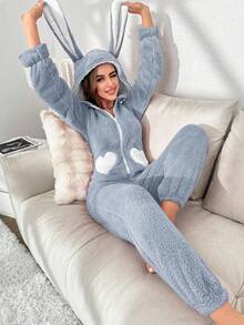 Women's Cute Contrast Color Heart Pattern 3D Big Rabbit Ear Hooded Plush Fluffy Pajamas Jumpsuit, Autumn/Winter, Fall, Cozy - Blue - View 4