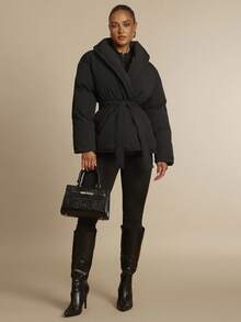 Silquee 女士纯色交叉裹身保暖棉服，冬季时尚女士冬季外套 - 黑色 - 查看 8