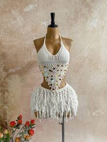 Soleia 女式彩色亮片装饰露背上衣和迷你裙两件套 - 白色 - 查看 4