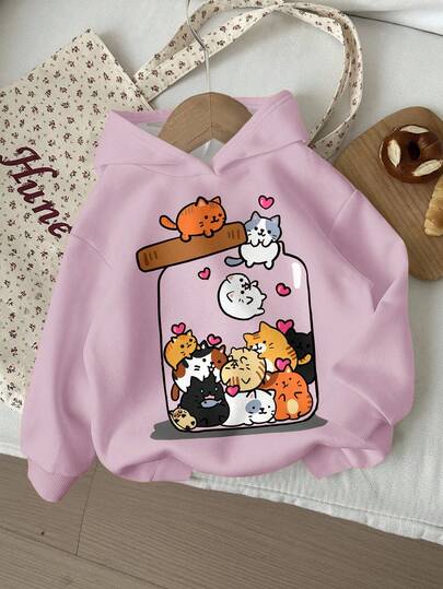 女童休闲宽松舒适针织长袖卫衣，适合秋冬季节穿着，可爱萌趣，猫咪图案，秋季必备单品