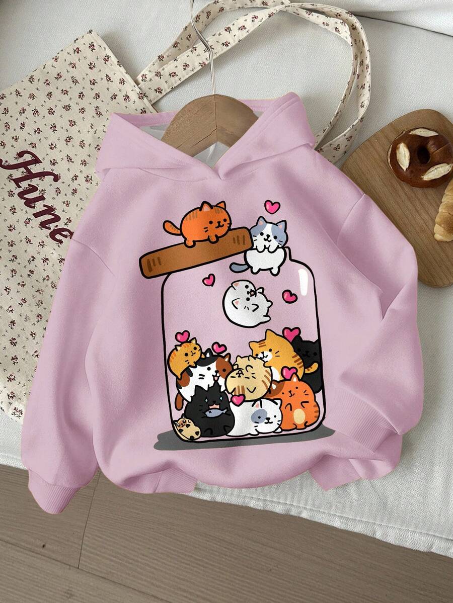 女童休闲宽松舒适针织长袖卫衣，适合秋冬季节穿着，可爱萌趣，猫咪图案，秋季必备单品 - 彩色 - 查看 1