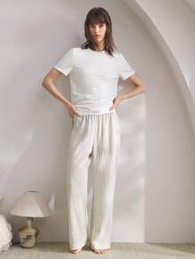 Ocili Bộ đồ ngủ bằng vải cotton thoải mái và quần ngủ bằng vải lanh mềm mại dành cho nữ - trắng - Xem 5