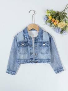 Girls' Street Chic Fashionable Metal Buckle, Symmetrical Pocket Classic Denim Blue Washed Casual Minimalist All-Season All-Match Versatile Collegiate Style Denim Jacket Fall Winter