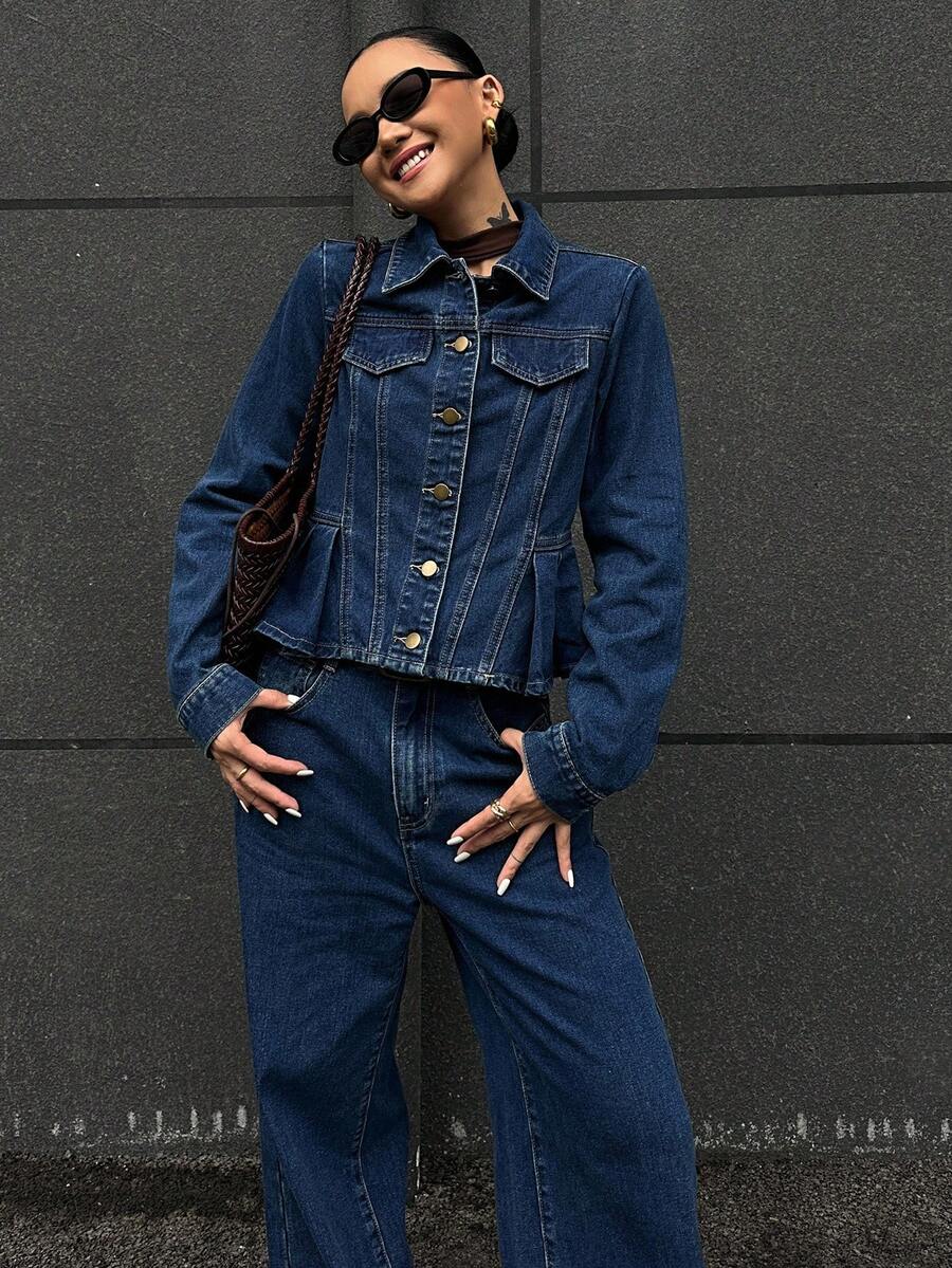DAZY Women's Blue Regular Shoulder Long Sleeve Fashion Front Button Denim Suit - Blue - View 1