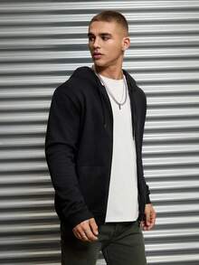 EURMUSE Cotton Men's Basic Pocket Patch Zipper Hoodie - Black - View 4