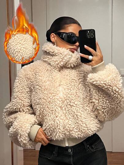 SHEIN ICON Women's Zip Up Solid Color Zipper Front Loose Casual Long Sleeve Faux Fur Jacket Winter Coat Fur Coat Teddy Coat