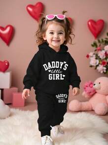 SHEIN 爸爸的小女孩❤女婴针织柔软连帽休闲宽松长袖运动衫和裤子两件套 - 黑色 - 查看 6