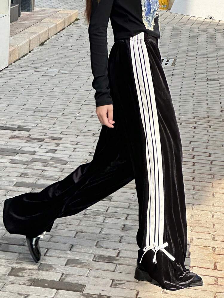 Teen Girl Straight Leg Velvet Pants With Contrast Waistband, Autumn