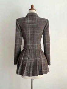 Elamini 2pcs Women's Houndstooth Wool Blend Notched Collar Asymmetric Hem Blazer & A-Line Pleated Skirt Suit Set, Casual/Work Wear - Multicolor - View 2