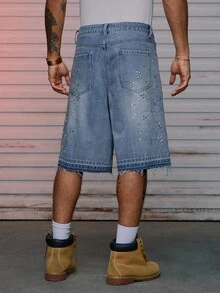 AXEPEAK Men's Washed Loose Casual Rhinestone Embellished Shorts - Light Wash - View 3