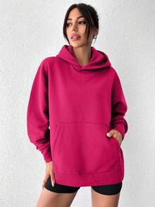 EURMUSE Áo nỉ có mũ trùm đầu túi rộng màu trơn thường ngày dành cho nữ, mùa thu - Màu Hồng Tươi - Xem 6