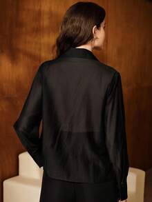 Anewsta Women's Lace Applique Turndown Collar Sheer Loose Blouse - Black - View 2