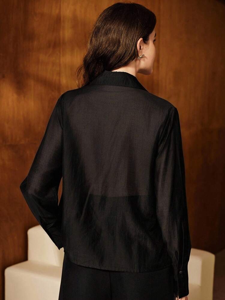 Women's Lace Applique Turndown Collar Sheer Loose Blouse