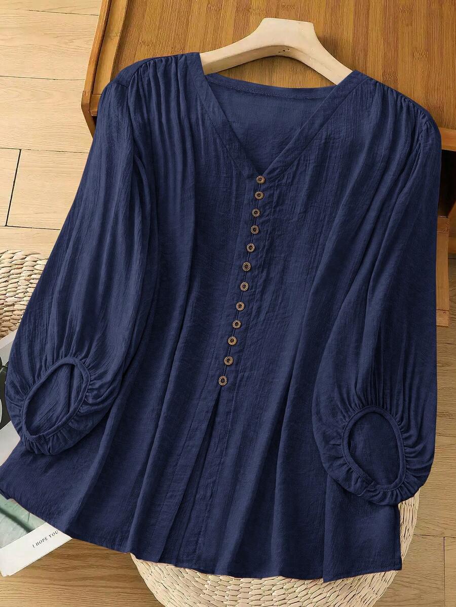 SHEIN LUNE Camisa de manga farol de unicolor informal de talla grande - Azul Marino - Ver 1