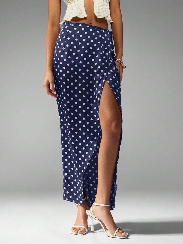 MISSGUIDED Satin Polka Dot Wrap Maxi Skirt With Side Slit High Waist Floor Length Summer Beach Party Evening Occasion Resort Wear Elegant Holiday