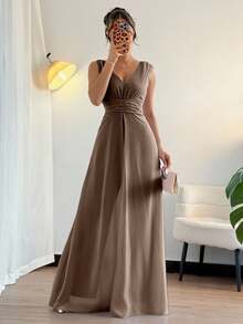 Rafferiza Elegant V-Neck Pleated Waist Pearl Chiffon Wide Leg Jumpsuit, Suitable For Wedding Guest Attire, Purple - Coffee Brown - View 5
