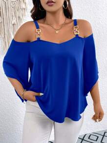 SHEIN Clasi Plus Size Solid Color Casual Metal Chain Off Shoulder Blouse - Blue - View 2