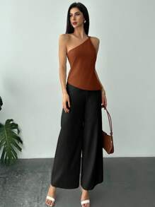 Firerie 全新优雅杏色亚麻不对称下摆褶饰腰部露背休闲衬衫，春夏 - 棕色 - 查看 6