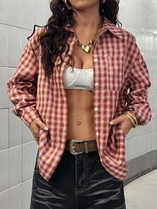 StreetHx 女式前扣落肩长袖格子休闲衬衫，百搭街头服饰 - 紅色 - 查看 3