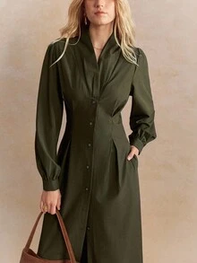 Écloséra 优雅时尚束领设计深V领纽扣前开衬衫裙 - 墨綠色 - 查看 2