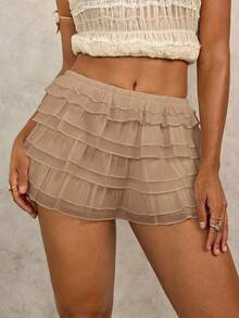 Swim Glamine 女士时尚休闲松紧腰荷叶边下摆连体衣 - 卡其色 - 查看 4