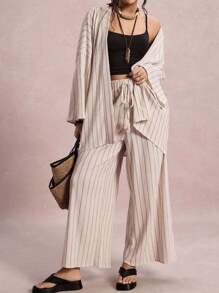 SHEIN VCAY 大码休闲条纹衬衫和裤子两件套 - 杏色 - 查看 5