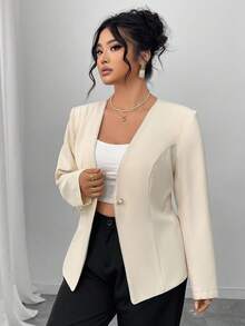 Elenzga Plus Size Single-Breasted Cinched Waist Casual Jacket, Suitable For Daily Commute, Autumn Winter Fall - Apricot - View 6