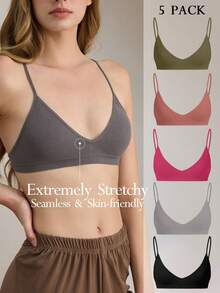 Ocili 5pcs Stretchy Backless Plain Compression Bralettes In Vibrant Multicolor Perfect For Everyday Comfort Seamless Bralette Thin Strap Bra